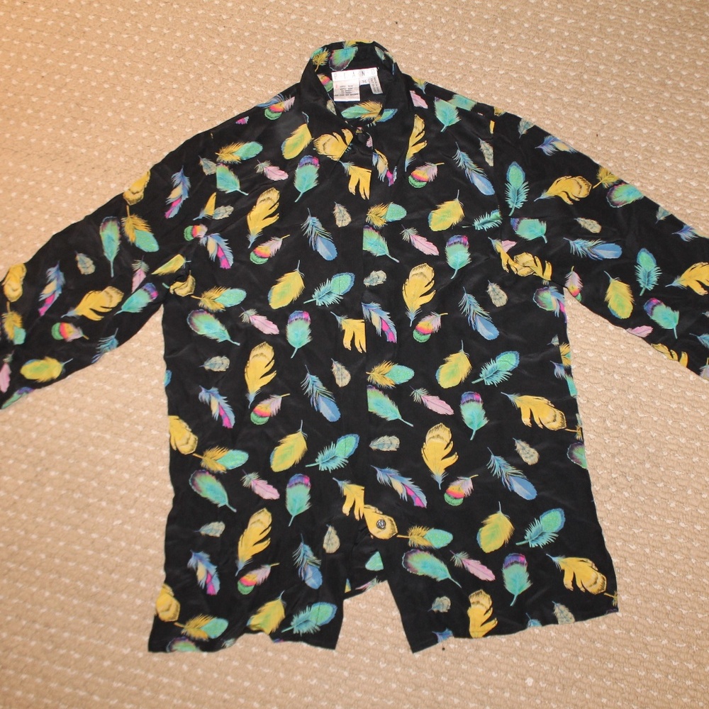 Silk Feather Pattern Button Up - image 5
